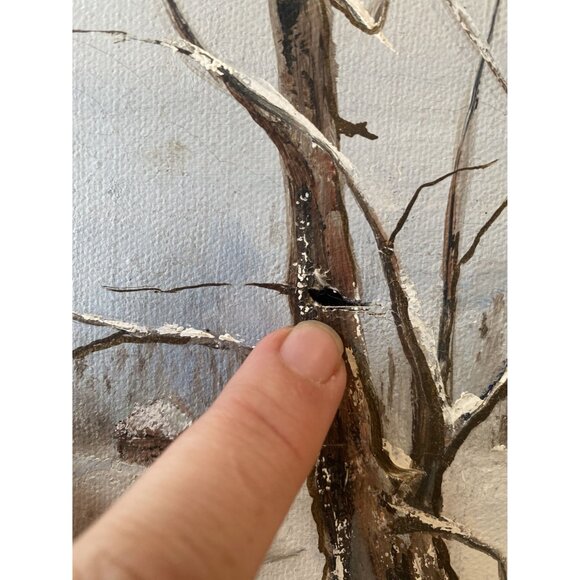 Vintage Winter Landscape Canvas Painting With Barn & Wagon Scene - Picture 5 of 8